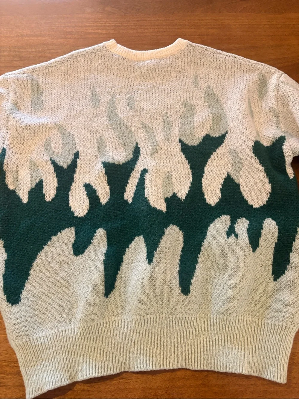 Cream Crewneck Sweater with Dark Green Flame Motif